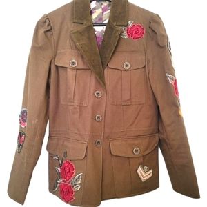 Desigual Military Green Khaki Blazer Embroidered Unique 38 M Unique Wearable Art